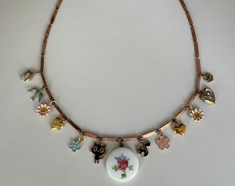 Charm Necklace with Antique Hand Painted Porcelain Focal Piece