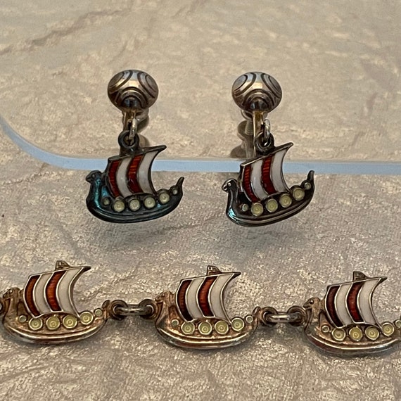 Set: Mid-Century Silver and Enamel Viking Ships B… - image 7