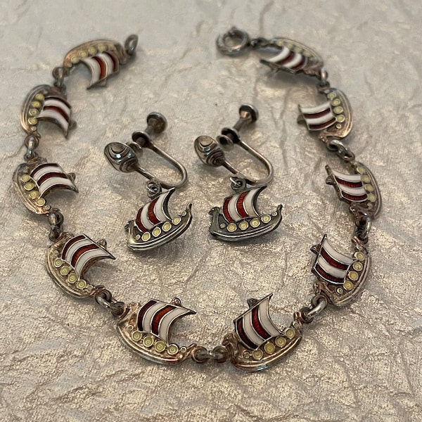 Set: Mid-Century Silver and Enamel Viking Ships Bracelet and Screw Back Earrings by Volmer Bahner, Danish