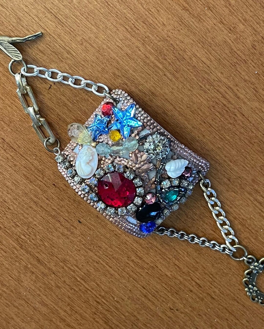 Jeweled Cuff Bracelet With Antique Copper Stamping and Vintage Jewels