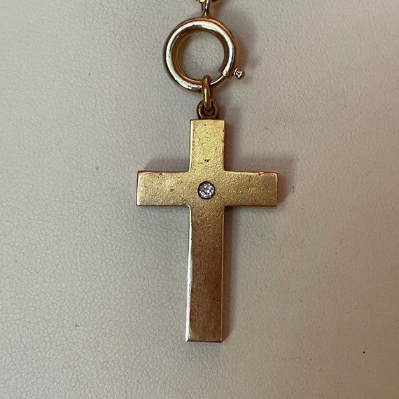 Antique 14 K Gold Cross with Diamond on Gold Plat… - image 3