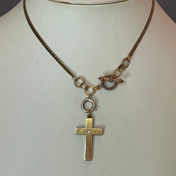 Antique 14 K Gold Cross with Diamond on Gold Plat… - image 1