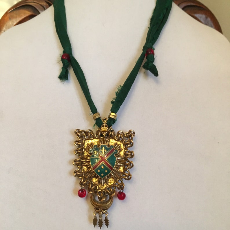 Vintage GreenRed Enamel Medal Necklace