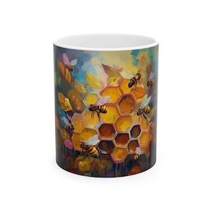 Honeybee Ceramic Mug 2, Beehive Coffee Cup, Garden Theme Tea Mug, Insect Lover Gift, Nature Inspired Drinkware, Buzzing Bee Cup