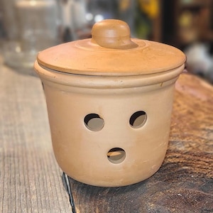 May include: A terracotta garlic keeper with a lid and three circular ventilation holes. The lid has a small knob on top. The keeper is on a wooden surface.