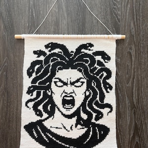 Può includere: Un arazzo da parete all'uncinetto in bianco e nero con un disegno di Medusa. L'opera raffigura Medusa con i suoi iconici capelli di serpente, la bocca aperta e un'espressione arrabbiata. Il pezzo è sospeso da un tassello di legno con una corda bianca.