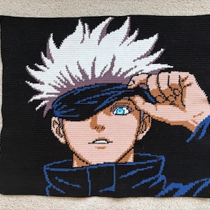Mönster för virkad väv med förbundna ögon och trollkarl | Anime-inspirerad väggbonad | Digitalt PDF-mönster