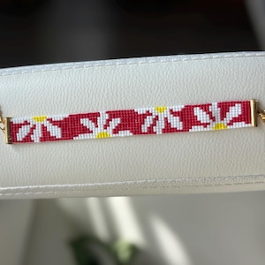 Beaded Loom Bracelet: White Flowers on Red - Handmade Floral Jewelry