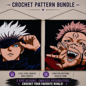 Pode incluir: Um pacote de padrões de crochê com duas tapeçarias de parede com retratos de personagens de anime. Um mostra um personagem com cabelo branco e venda preta, o outro com cabelo rosa. O texto inclui CROCHET PATTERN BUNDLE.