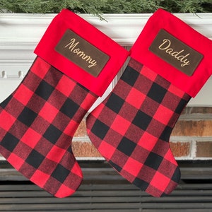 Personalized Buffalo Plaid Christmas Stocking with Leather Patch