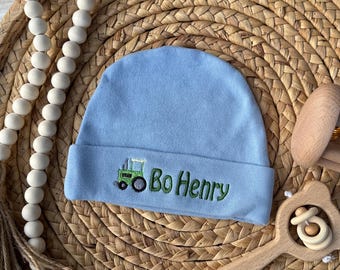Personalized Tractor Baby Hat - Tractor Baby Beanie - Baby Shower Gift for Boys - Baby Boys Tractor Hat - Farm Tractor - Newborn Tractor Hat