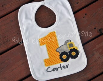 Personalized Baby's First Birthday Dumptruck Bib  / Any Color Scheme