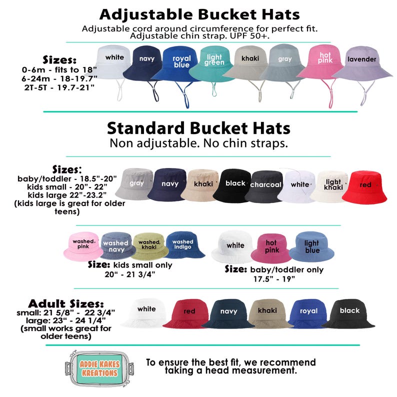 May include: Collection of bucket hats in various colors, including white, navy, and khaki. The image displays adjustable and standard bucket hats in baby, kids, and adult sizes, with size ranges in inches.