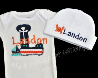 Nautical Coming Home Outfit - Nautical Baby Shower Gift - Nautical Baby Outfit - Take Home - Baby Boy Outfit - Sailboat -Crab - Personalized