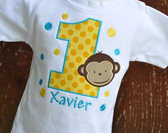 Personalized Monkey Boy Kids Birthday Shirt / Polka Dots