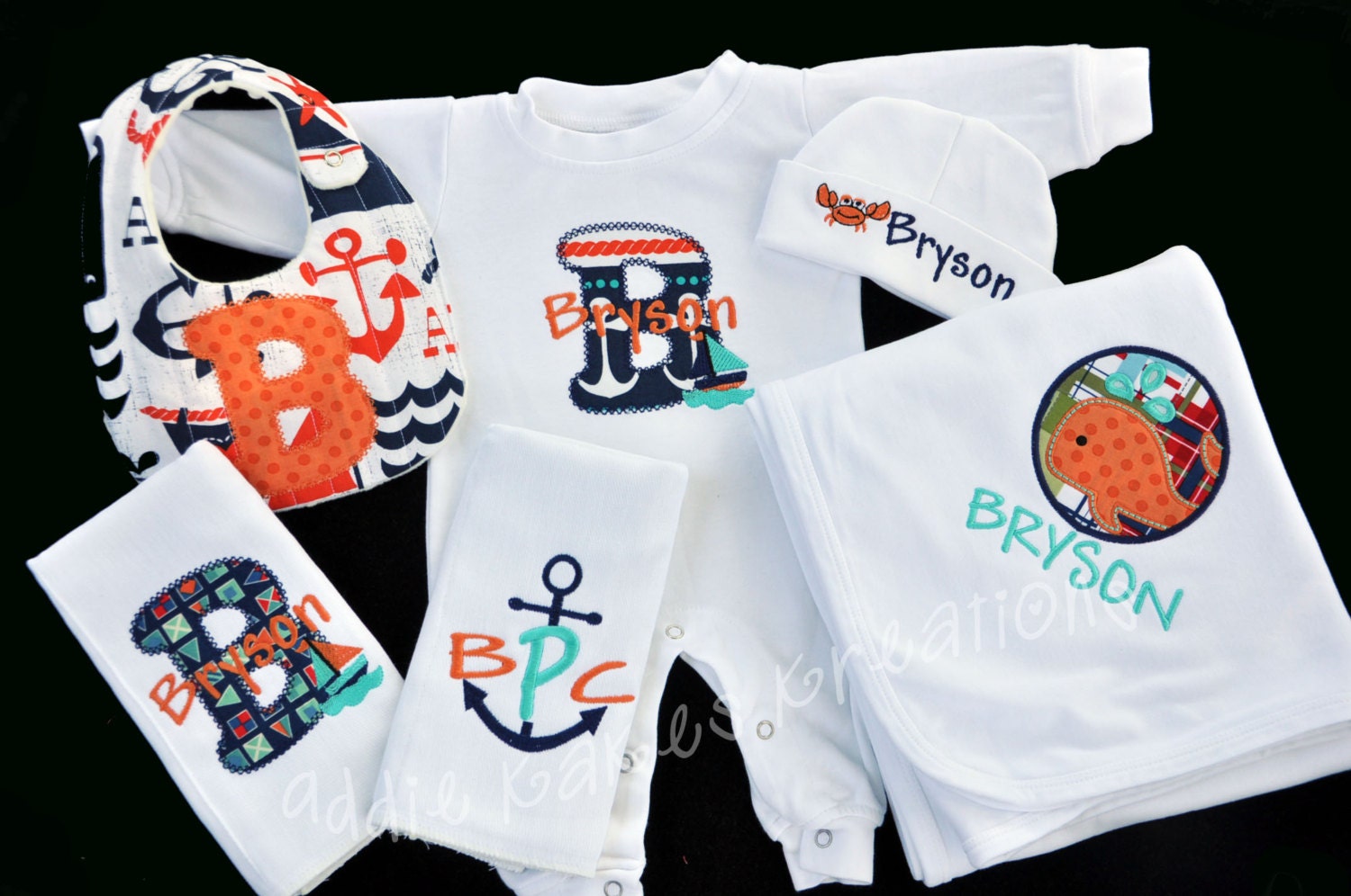 Personalized Nautical Baby Gift Set/Sleeper, Blanket, 2 Burpcloths & Bib