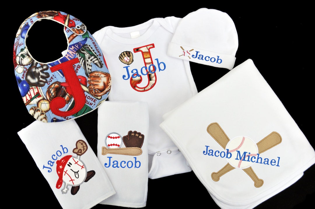 Personalized Baseball Theme Baby Gift Set / Bodysuit, Cap, Blanket, 2