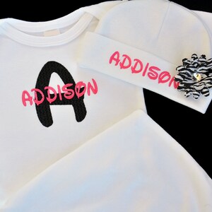 Personalized Baby Girl Gown and Beanie with Flower