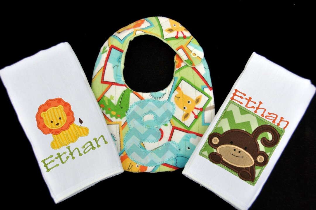 Personalized Safari Themed Baby Bib and 2 Burpcloth Set Etsy