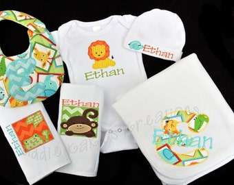 Personalized Jungle Safari Themed Baby Gift Set / Bodysuit, Cap, Blanket, 2 Burpcloths and Bib