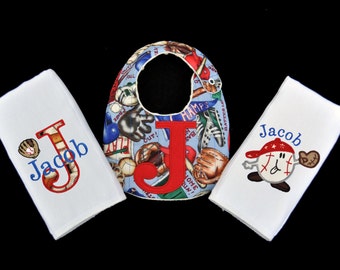 Personalized Baseball Themed Bib and 2 Burpcloth Set