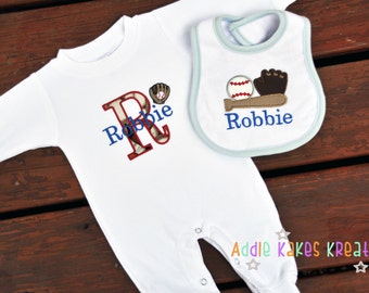 Baseball Themed Baby Outfit - Baby Sleeper - Baseball Baby Sleeper - Baseball Bib - Personalized Baby Set - Baby Boy Coming Home Outfit