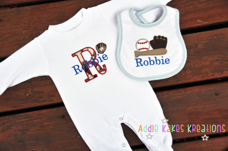 Baseball Baby Sleeper Baseball Themed Baby Outfit Personalized Baby Set Baseball Bib Baby Boy Coming Home Outfit Baby Sleeper