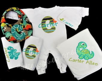 Personalized Dinosaur Baby Gift Set / Sleeper, Blanket, 2 Burpcloths and Bib