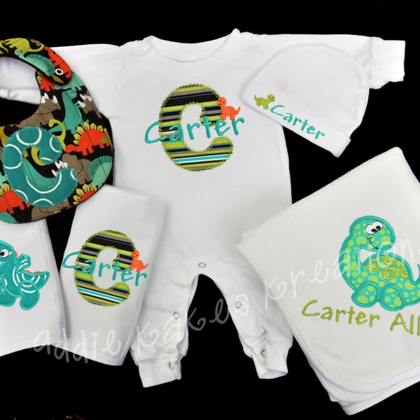 Personalized Dinosaur Baby Gift Set / Sleeper, Blanket, 2 Burpcloths and Bib