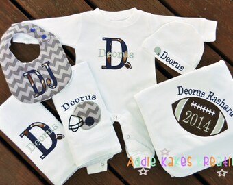 Personalized Football Themed Baby Gift Set / Sleeper, Cap, Blanket, 2 Burpcloths and Bib
