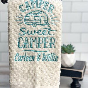 Personalized Camper Sweet Camper Kitchen Towel IVORY