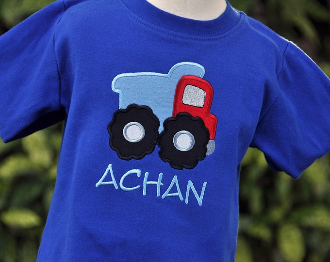 Claire & Charlie Boys Royal Blue Striped Shirt - Applique Dump Trucks main image 1
