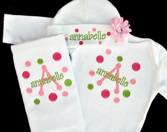 Matching Embroidered Polka Dot Baby Girl Bodysuit Hat and Burpcloth (OR Bib) Set with Flower
