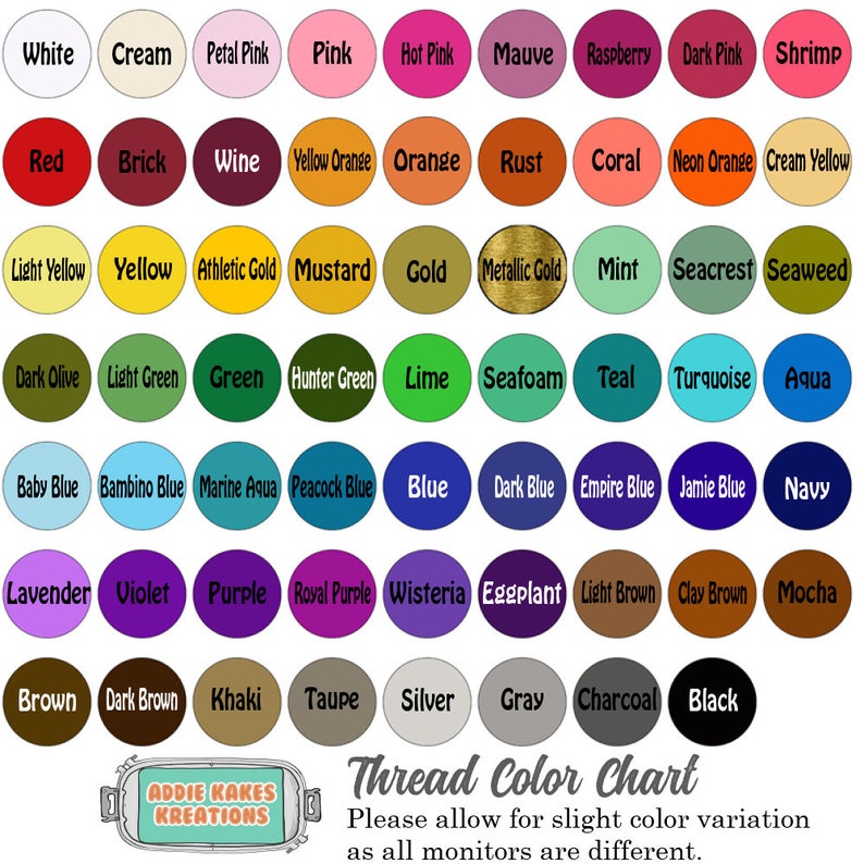 May include: A thread color chart featuring a variety of colors, including white, pink, red, yellow, green, blue, purple, brown, and gray. The chart includes the text "Thread Color Chart" and the brand name "Addie Kakes Kreations."