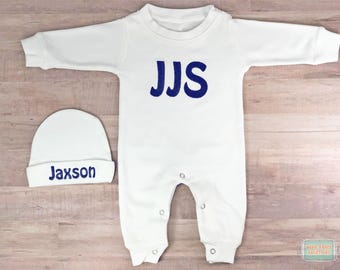 Monogrammed Baby Sleeper - Baby Sleeper and Hat Set - Baby Boy Outfit - Baby Girl Outfit - Take Home Outfit - Personalized Sleeper