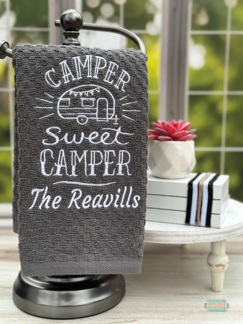 Personalized Camper Sweet Camper Kitchen Towel CHARCOAL GRAY