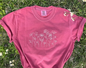 Embroidered Wildflower T-Shirt Custom Comfort Colors Shirt Personalized Botanical Tee