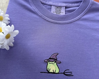 Embroidered Halloween T Shirt Cute Frog Custom Shirt Personalized Witch Custom Tee Embroidered Spooky Season Shirt Cute Gift For Fall