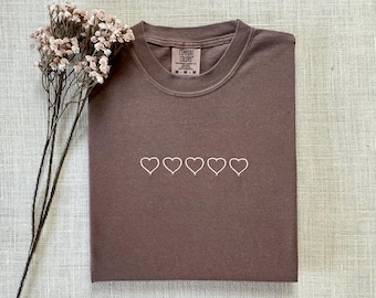 Embroidered Hearts T-Shirt Personalized Couples Matching Tee Vintage Custom Monochromatic Shirt Gift for Bestie
