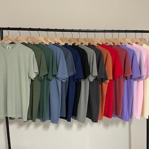 May include: A clothes rail holds a selection of plain t-shirts in various colours. The shirts include shades of green, blue, black, red, and pink. Each t-shirt is hung on a wooden hanger.
