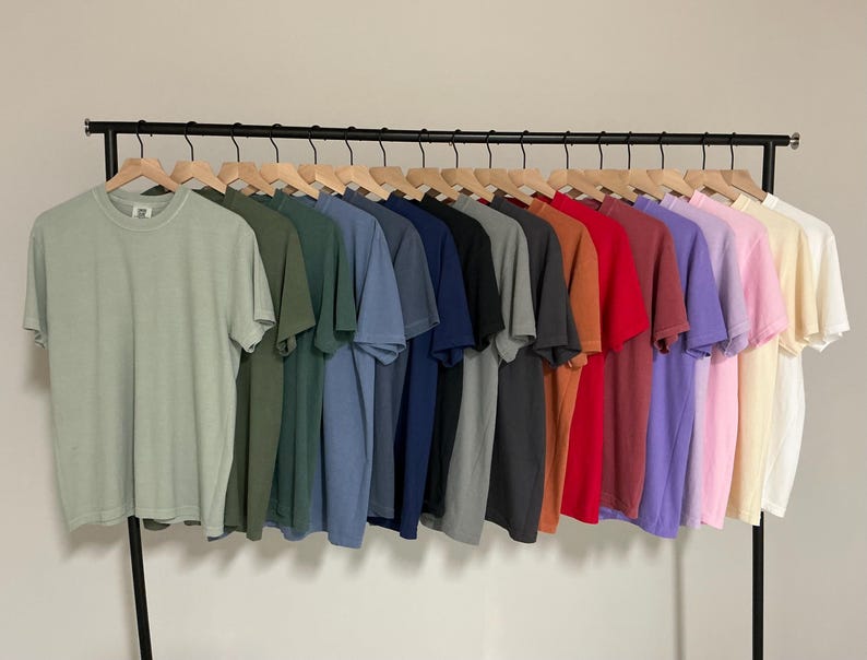 May include: A clothes rail holds a selection of plain t-shirts in various colours. The shirts include shades of green, blue, black, red, and pink. Each t-shirt is hung on a wooden hanger.