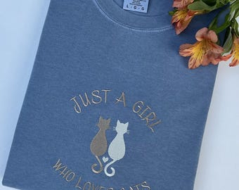 Embroidered Cat T-Shirt Custom Comfort Colors Pet Lover Shirt Personalized Just A Girl Who Loves Cats Tee