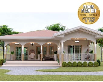 May include: A white, single-story house with a red tile roof and a large covered porch. The house has a modern design with large windows and a spacious layout. The porch is surrounded by a white railing and has a patio set with chairs and a table. The house is surrounded by lush green grass and trees.
