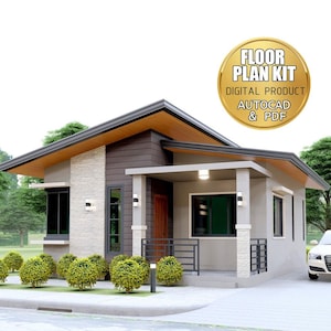 May include: A contemporary bungalow with a light grey facade, stone detailing, and a dark brown roof. The image features a digital product badge that reads "FLOOR PLAN KIT DIGITAL PRODUCT AUTOCAD & PDF". The house has a small porch and well-maintained landscaping.