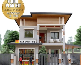 May include: A two-story house with a gray exterior, brown accents, and a black roof. The building has a balcony with a black railing and a store on the ground floor with the text "Sari-Sari Store". A gold circular graphic reads "Floor Plan Kit, Digital Product, AutoCAD & PDF".