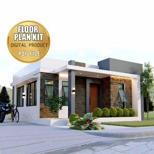 May include: A modern house rendering with a flat roof, featuring a combination of white, gray, and brown stone exterior. The image includes the text "FLOOR PLAN KIT DIGITAL PRODUCT PDF FILE" in a gold circular badge. A motorcycle and bicycle are parked in front.