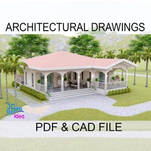 May include: Architectural drawings of a single-storey house with a covered porch. The house is white with a pink roof and is surrounded by green grass and palm trees. The text "PDF & CAD FILE" is at the bottom of the image.
