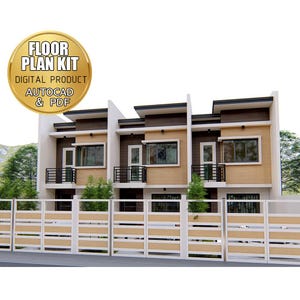 May include: A digital floor plan kit for a three-unit townhouse complex. The kit includes AutoCAD and PDF files. The image shows a front view of the townhouses with a brown and beige exterior, white railings, and a brown wooden fence.