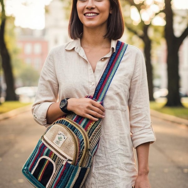 Mochila bandolera de cáñamo del Himalaya hecha a mano: colorida bolsa de festival bohemia nepalí
