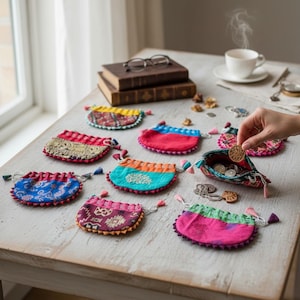 Handmade Nepali Gift Pouches: Colorful Boho Drawstring Bags - Set of 12